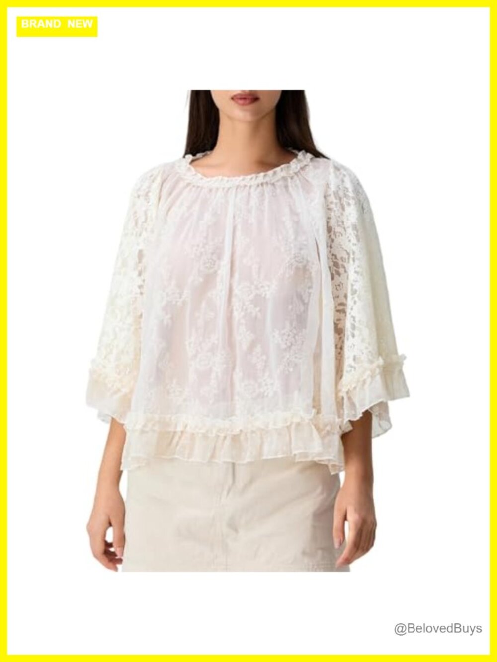 Women Lace T-Shirt Long Flared Sleeve Sheer Mesh Party Top